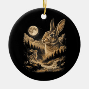 Vintage Bunny Howling to the Moon Rabbit Night Art Ceramic Ornament