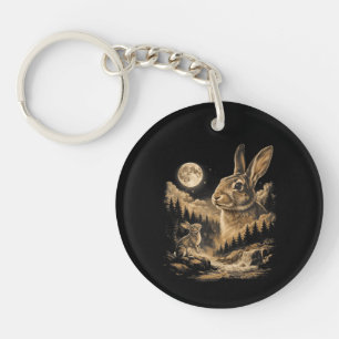 Vintage Bunny Howling to the Moon Rabbit Night Art Key Ring