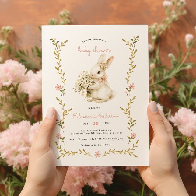 Vintage Bunny Pink Baby Shower Invitation (Creator Uploaded)