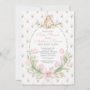 Vintage Bunny Pink Bow Floral Girl Baby Shower  Invitation