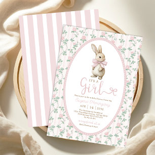 Vintage Bunny Pink Bow Floral Girl Baby Shower Invitation