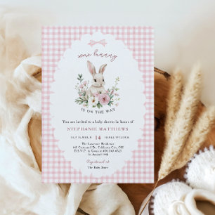 Vintage Bunny Pink Bow Gingham Girl Baby Shower Invitation