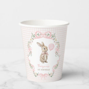 Vintage Bunny Pink Bow Girl 1st Birthday Paper Cups