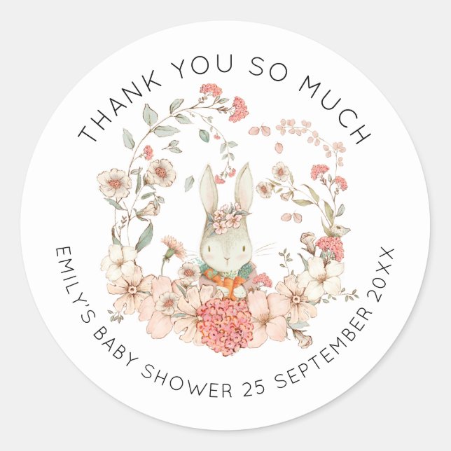 Vintage Bunny Pink Floral Thank You Baby Shower Classic Round Sticker (Front)