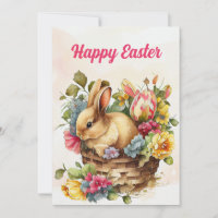 Vintage Bunny Pink Flowers Basket Happy Easter