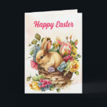 Vintage Bunny Pink Yellow Flowers Basket Easter Holiday Card<br><div class="desc">Vintage Easter folded greeting card with a cute brown bunny in a basket full of bright and colourful pink, blue, and yellow flowers. The message on the inside is designed for this card to be sent from one family to another for Easter. Keep this message or add your own. You...</div>