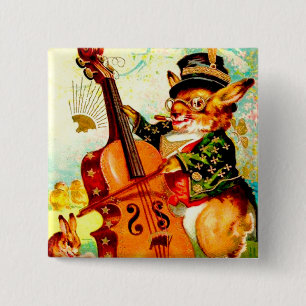 Vintage Bunny Playing with Violin Easter Greeting 15 Cm Square Badge