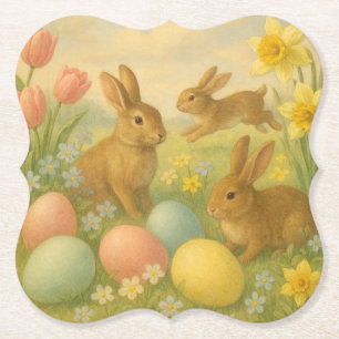 Vintage Bunny/Rabbit Easter Egg/Spring Fleece Paper Coaster