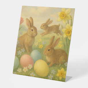 Vintage Bunny/Rabbit Easter Egg/Spring Fleece Pedestal Sign
