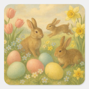 Vintage Bunny/Rabbit Easter Egg/Spring  Fleece  Square Sticker