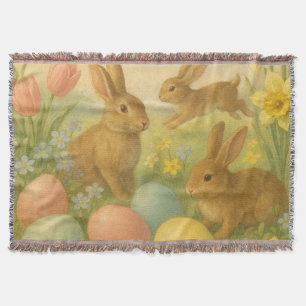 Vintage Bunny/Rabbit Easter Egg/Spring Fleece Throw Blanket