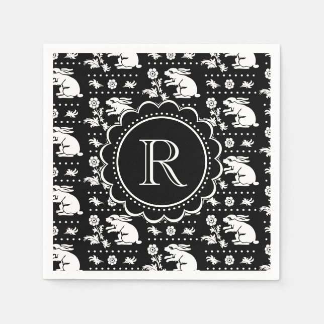 Vintage Bunny Rabbit Monogram Black and White Napkin (Front)