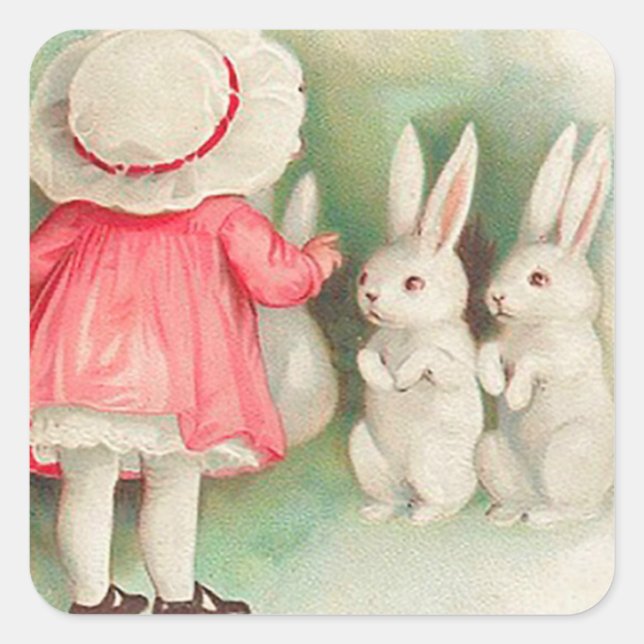 Vintage Bunny Rabbits Easter Greeting Square Sticker (Front)