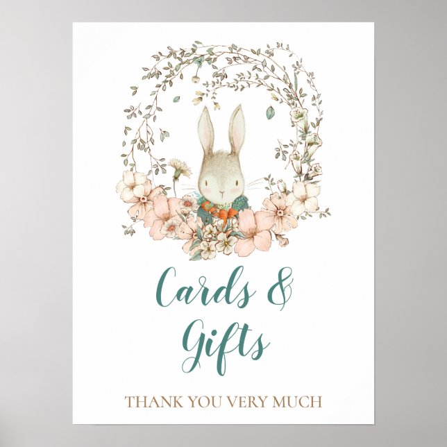 Vintage Bunny Script Baby Shower Cards Gifts Sign (Front)