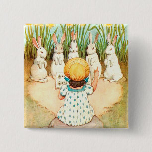 Vintage Bunny Singing with Child Easter Greeting 15 Cm Square Badge