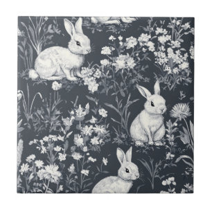 Vintage Bunny Spring Black Toile Pattern Ceramic Tile