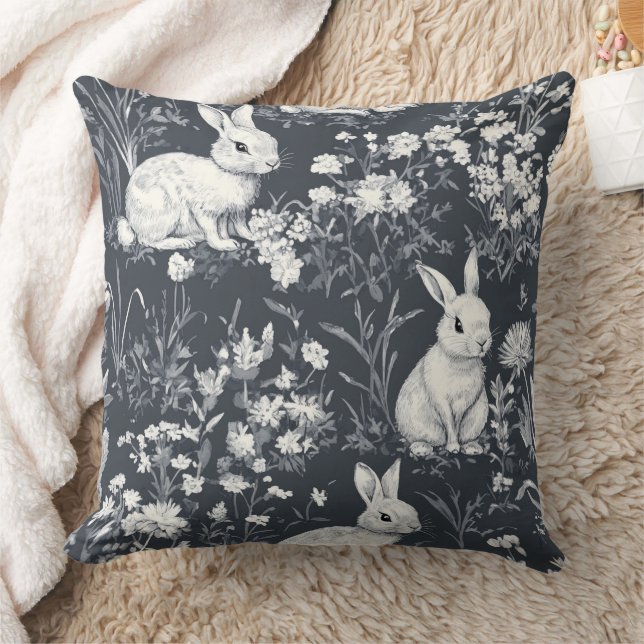 Vintage Bunny Spring Black Toile Pattern Cushion (Blanket)