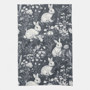 Vintage Bunny Spring Black Toile Pattern Tea Towel