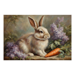 Vintage Bunny with Lilac Flowers and Carrot Poster
