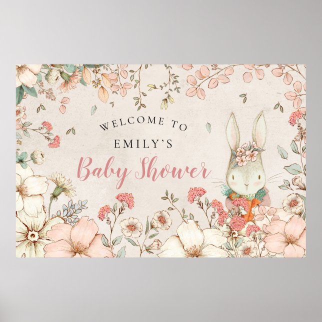 Vintage Bunny Woodland Girl Welcome Baby Shower  Poster (Front)