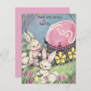 Vintage Bunny's Pulling Huge Easter Egg Holiday Card