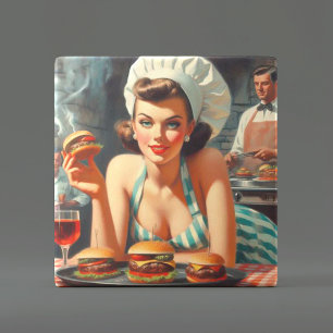 Vintage Burger BBQ Woman Ceramic Tile