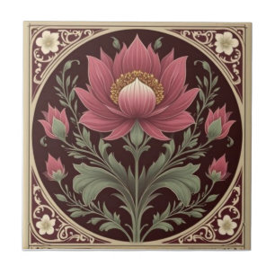 Vintage burgundy and gold Art Nouveau Floral  Ceramic Tile