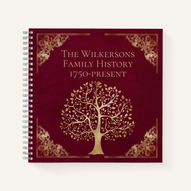 Vintage Burgundy and Gold Family Tree Genealogy Notebook (Front)