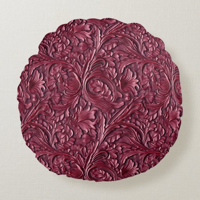 Vintage burgundy carved faux leather outdoor round cushion (Front)