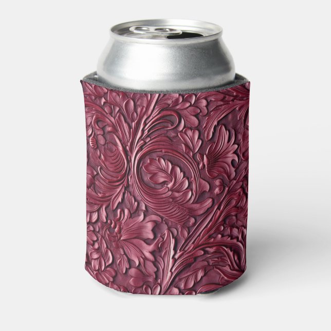 Vintage burgundy carved leather can cooler (Can Back)