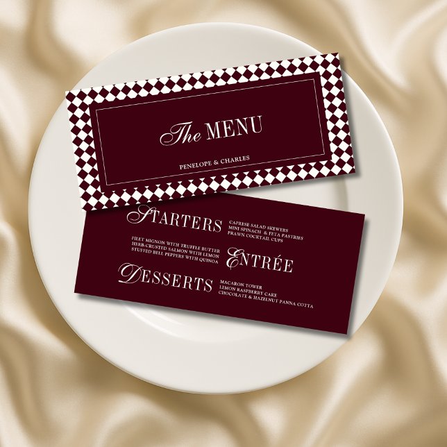 Vintage Burgundy Checkered Elegant Script Wedding Menu (Creator Uploaded)