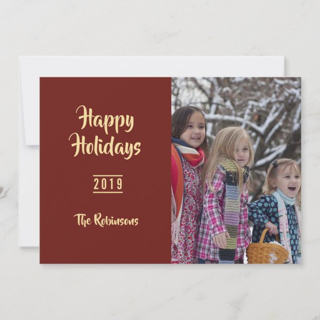 Vintage Burgundy Christmas Greetings family photo Holiday Card (Front)