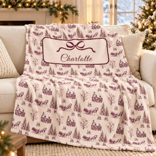Vintage Burgundy Christmas Toile Horse Sleigh Bow Fleece Blanket