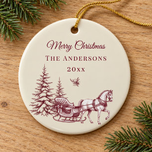 Vintage Burgundy Christmas Toile Horse Sleigh Ceramic Ornament