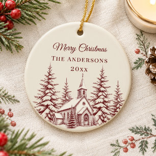 Vintage Burgundy Cream Christmas Toile Church Ceramic Ornament