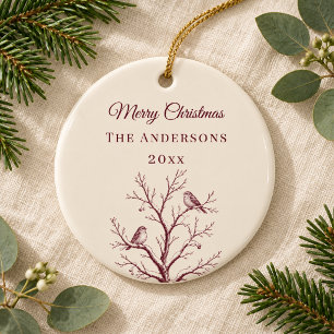 Vintage Burgundy Cream Christmas Toile Tree Birds Ceramic Ornament