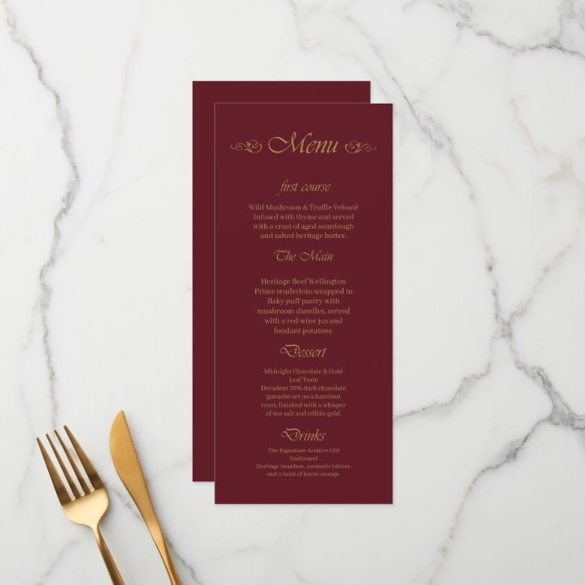 vintage Burgundy & Cream Gold Script Wedding Menu (Front/Back In Situ)