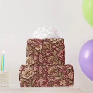 Vintage Burgundy Damask Floral Wrapping Paper Shee