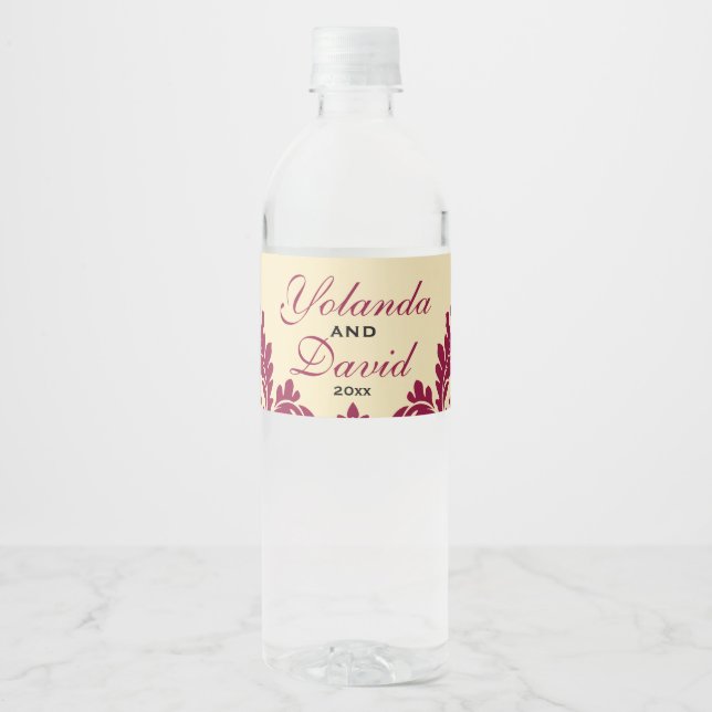 Vintage Burgundy Damask Water Bottle Label (Front)