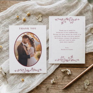Vintage Burgundy Dark Red Floral Wedding Photo Thank You Card