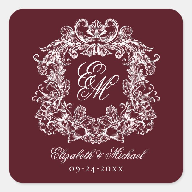 Vintage Burgundy Elegant Wedding Monogram Crest Square Sticker (Front)