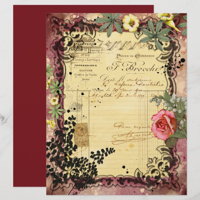 Vintage Burgundy Ephemera Frames Scrapbook Paper (Front/Back)