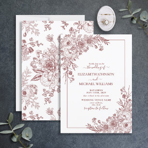Vintage Burgundy Floral Line Art Script Wedding Invitation