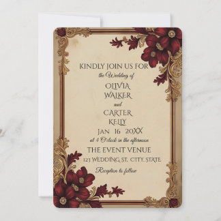 Vintage Burgundy Floral Wedding Invitation