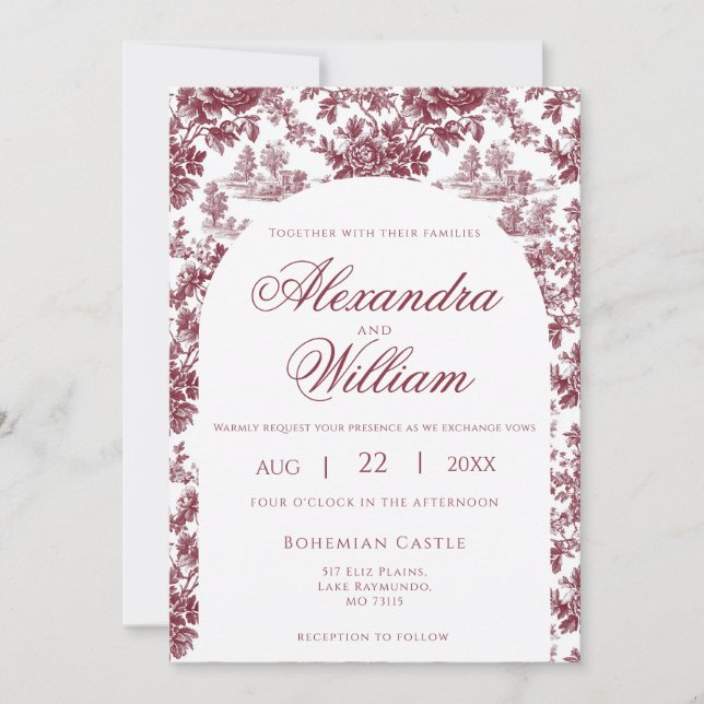 Vintage Burgundy French Toile Wedding Invitation (Front)