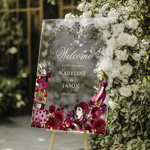 Vintage Burgundy Gold Alice in Wonderland Wedding Acrylic Sign