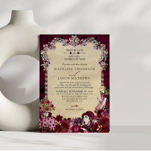 Vintage Burgundy Gold Alice in Wonderland Wedding Invitation