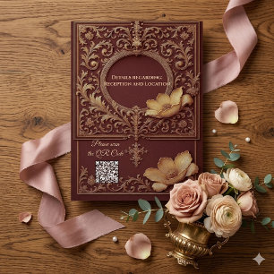 Vintage Burgundy Gold Baroque Floral Ivory Wedding Invitation