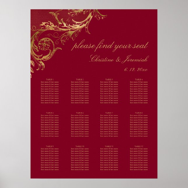 Vintage Burgundy Gold Damask Wedding Seating Poster (Front)