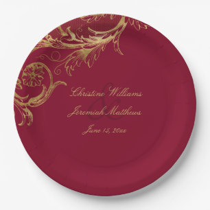 Vintage Burgundy Gold Floral Damask Script Wedding Paper Plate